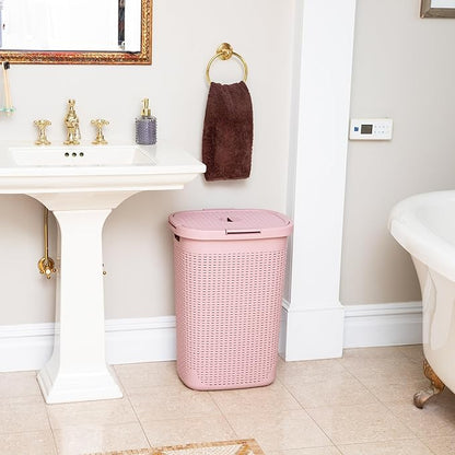 Mind Reader Slim Laundry Hamper with Lid, 60L Tall Clothes Basket, Narrow Tapered Design for Bathrooms, Closets and Laundry Rooms, Plastic, Pink