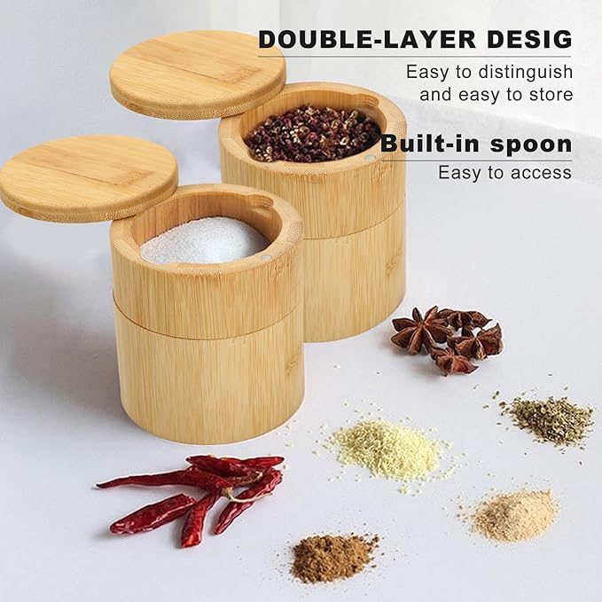 Salt Cellar - Salt Container Holder with Swivel Magnetic, 2 Tier Bamboo Kitchen Salt Cellar with Lid and Spoon Holder, Wood Bowl Box, Salt and Pepper Bowls with Swivel Lid to Storage, 10OZ