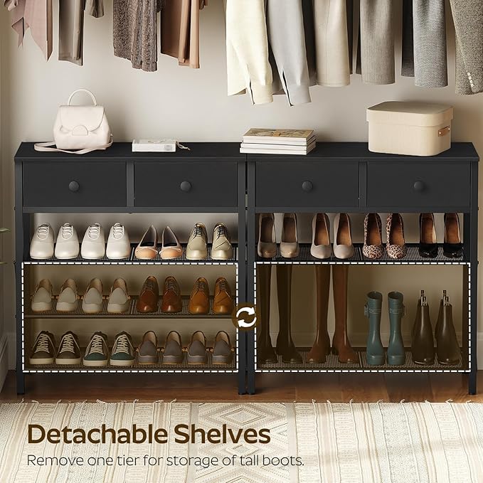 YATINEY 4 Tier Shoe Rack, Large Capacity Shoe Storage Organizer, Metal Shoe Shelf with Drawer and Wooden Top, for 16 Pairs of Shoes, for Entryway, Closet, Black SS24BB