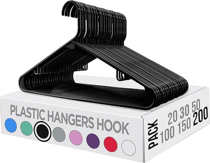 Utopia Home Plastic Hangers 200 Pack - Space Saving Clothes Hanger - Durable & Strong Closet Organizers and Storage with Built-in Strap Hooks - Essential for Shirts, Pants, Skirts & Coats (Black)