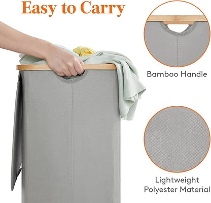 Lifewit 100L Laundry Basket with Lid, Clothes Hampers for Laundry with Bamboo Handles and 1 Removable Bag, Large Foldable Laundry Hamper for Bedroom, Bathroom, Dorm, Laundry Room, Silver Grey