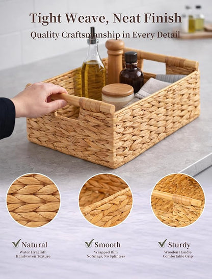 Water Hyacinth Wicker Basket, 13.39*9.45*4.65 Inch Woven Basket with Handles, Wooden Handles Wicker Storage Basket, Rattan Basket for Decorative Baskets, Pantry, Shelves, Gift, Toys - Medium
