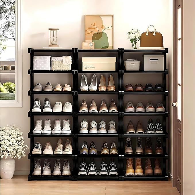 Vertical Shoe Rack 7 Tier, Bamboo Narrow Shoe Rack for Small Spaces, Freestanding Shoe Storage Organizer for Entryway Closet, Space Saving Skinny Shoe Shelf