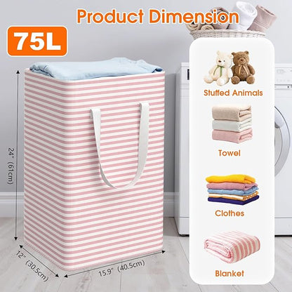 3 Pack Large Laundry Basket,Waterproof & Freestanding Laundry Hamper,Collapsible Clothes Hampers with Easy Carry Long & Reinforced Handles in Bathroom,College Dorm(75Lx3,Pink)