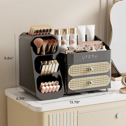 Makeup Organizer for Vanity with Brush Holder, Large Capacity Bathroom Countertop Skincare Organizer with 2 Drawers, Cosmetic Display Case for Perfumes, Eyeshadow Palettes, Nail Polishes