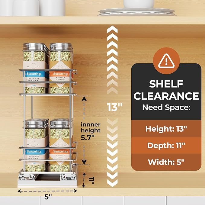 Mystozer Pull Out Spice Rack Organizer for Cabinet, Slide Out Spice Racks, Easy to Install, 4.33" Wx10.43 Dx8.66 H, 1 Drawer 2 Tiers(Silver)