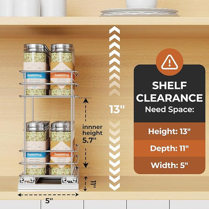 Mystozer Pull Out Spice Rack Organizer for Cabinet, Slide Out Spice Racks, Easy to Install, 4.33" Wx10.43 Dx8.66 H, 1 Drawer 2 Tiers(Silver)