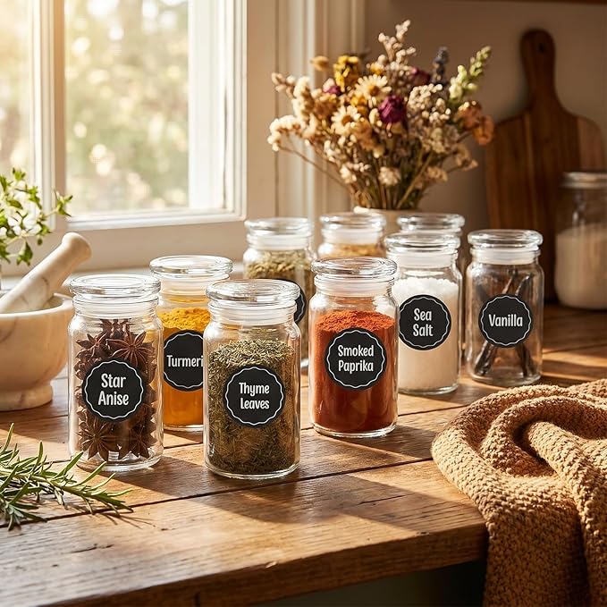 Aixoom 144PCS Spice Labels Stickers for Spice Rack, Preprinted Black Handwritten Words, 1.5in Round Labels for Spice Organize Storage Jars Boxes Bottles
