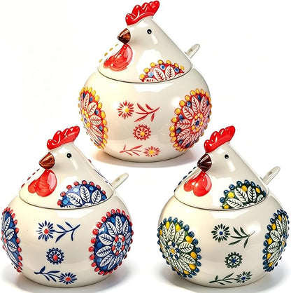 3 Pack Ceramic Salt Cellar with Lid and Spoon, 13.5oz Salt Container Kitchen Countertop Salt Holder Spice Jar for Sugar, Pepper, Seasonings