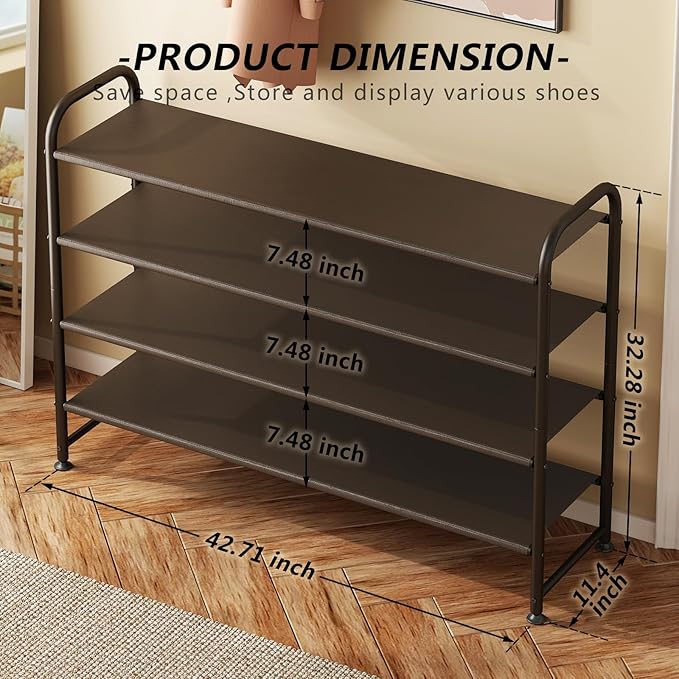 INGIORDAR Shoe Rack 4 Tier Long Storage Organizer Wide Metal Shoe Shelf for Closet Entryway Brown