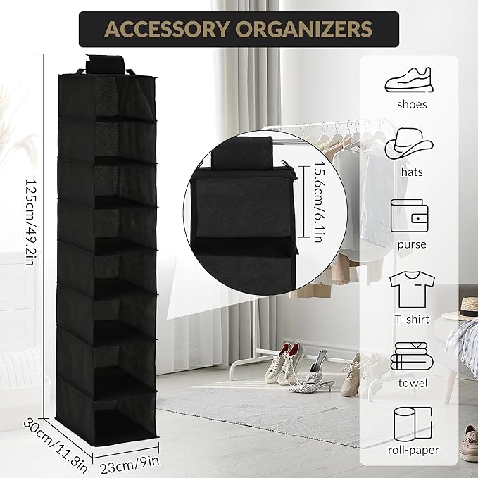 Garvee 3-Tier Hanging Shoe Organizer for Closet, Gray 8-Shelf Storage Holder with 2 Hooks, No Tools Needed Installation, Space-Saving Shelf for Shoes, Purses, Scarves, Accessories (3 Pack)