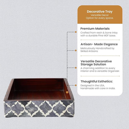 Handicrafts Home 10"x6" Vanity Tray for Bathroom Countertop, Moroccan Bone Inlay Decorative Organizer Tray for Perfume, Jewelry, Cosmetics & Dresser Decor, Rectangular Catchall Tray, Grey White