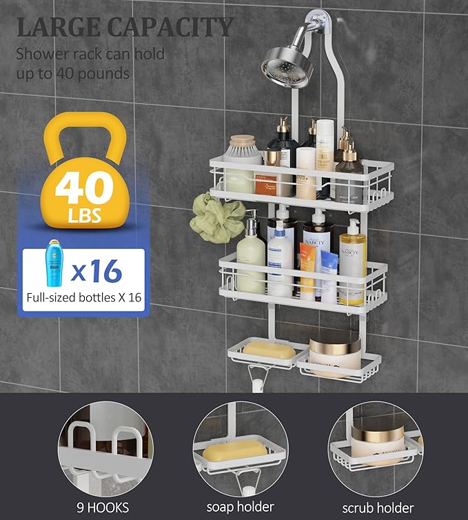 OMAIRA Shower Caddy Hanging with Soap Scrub Holder, Stainless Steel Adjustable No Drilling Non-Slip Large Capacity Sturdy Over Shower Head Shower Organizer Inside Shelves Bathroom Storage Rack, White