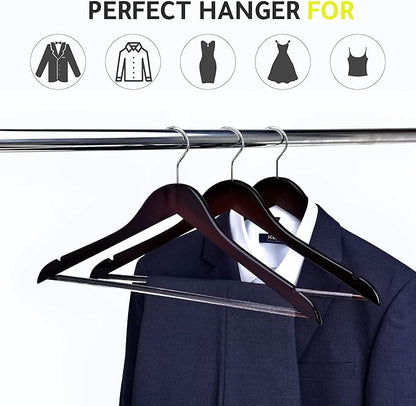 Quality Wooden Hangers - Slightly Curved, 20 Pack Sets - Mahogany Color Wood Coat Hangers with Chrome Hooks - Heavy-Duty for Clothes, Jackets, Shirts, Pants, Suits