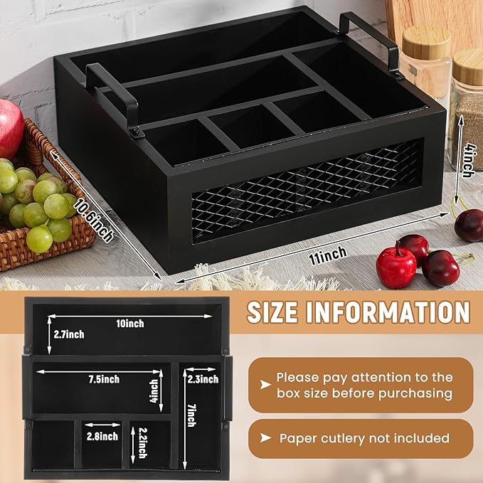 Mimorou Wooden Napkin Paper Plate and Utensil Holder Caddy for Party Kitchen Counter Cutlery Flatware Organizer for Utensil Caddy Cups Spoon Forks Napkins, Kitchen Accessories(Black)
