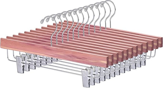 12 Pack American Red Cedar Wood Pants Hangers, Natural Cedar Wooden Slacks Skirts Hangers with 2-Adjustable Clips, Bottom Hangers for Trousers, Jeans, Shorts-HL03NP