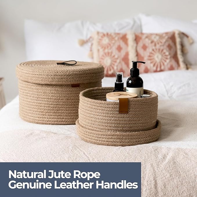 DENJA & CO Set of 2 Decorative Storage Baskets with Lids - Round Woven Baskets for Home Decor and Organizing - Small Shelf Baskets with Leather Tabs and Handles - Decorative Storage and Organizer Bins