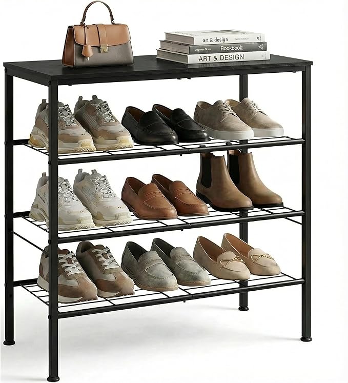 Shoe Rack, 4-Tier Shoe Storage Organizer for Closet and Entryway, Sturdy Metal Shoe Shelf with Adjustable Leveling Feet & Wooden Top for Small Spaces, 26.9” x 12.8” x 26.1”, Black
