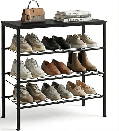 Shoe Rack, 4-Tier Shoe Storage Organizer for Closet and Entryway, Sturdy Metal Shoe Shelf with Adjustable Leveling Feet & Wooden Top for Small Spaces, 26.9” x 12.8” x 26.1”, Black