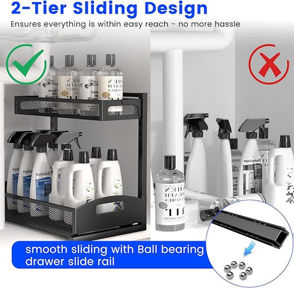 Petiza Under Sink Organizer,2 Pack Height Adjustable Under Sink Organizers and Storage, 2 Tier Under Sink Storage for Kitchen Bathroom Cabinet
