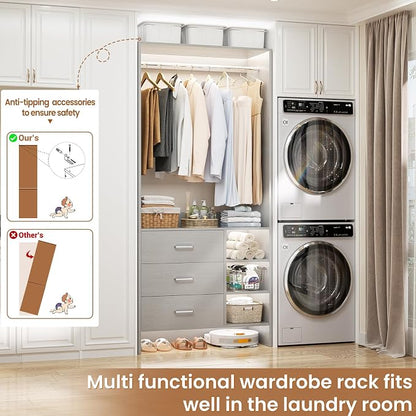 Aheaplus 2.5FT Closet System with 3 Drawers, 29.5’’ Closet Organizer, Wood Closet Organizer System, Walk-in Closet or Small Closets Wardrobe, Clothes Rack with Hanging Rods,-E6, Grey