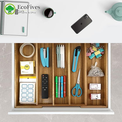 EcoFives Luxury Acacia Silverware Organizer -Kitchen Drawer Organizer - Utensil Holder and Cutlery Organizer with Grooved Drawer Dividers for Flatware and Kitchen Utensils (5 Slot)