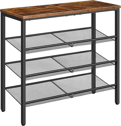 HOOBRO Shoe Rack for Entryway, 4-Tier Shoe Organizer with Adjustable Mesh Shelves, 12-16 Pairs of Shoes, Spacious Floor Mount, Metal, Industrial, Shoe Shelf for Closet, Rustic Brown BF42XJ01