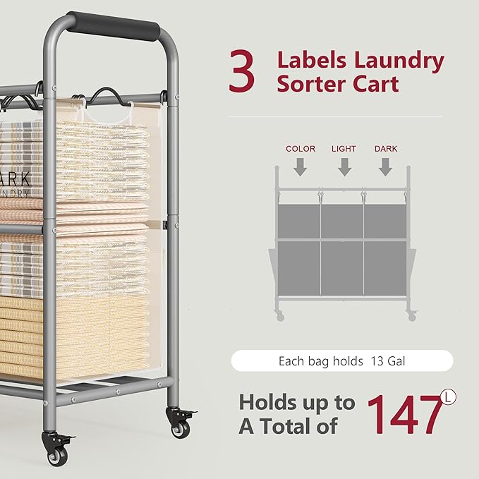 Tajsoon 3 Bag Laundry Sorter Cart, Laundry Hamper Sorter Basket with Heavy Duty Lockable Rolling Wheels for Clothes Storage, Beige