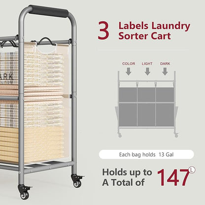 Tajsoon 3 Bag Laundry Sorter Cart, Laundry Hamper Sorter Basket with Heavy Duty Lockable Rolling Wheels for Clothes Storage, Beige