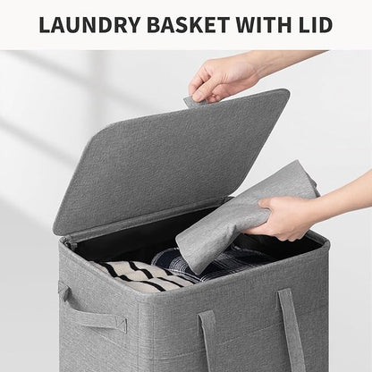 Goodpick Laundry Basket with Wheels and Lid, 75L Rolling Laundry Hamper with Removable Wash Bag and Handles, Collapsible Large Tall Dirty Clothes Hamper for Bathroom Dorm, Light Grey