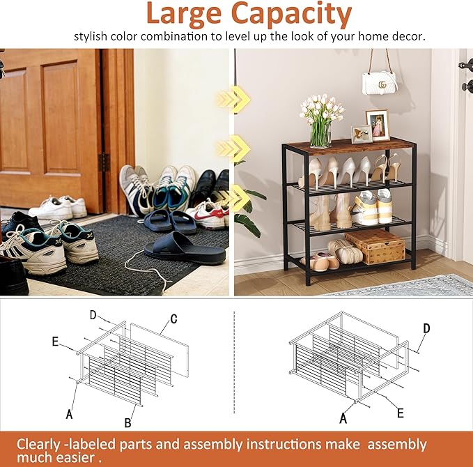 HOMEFORT 4-Tier Shoe Rack Organizer, Shoe Tower for Closet, Shoe Storage Shelf with MDF Top Board, Each Tier Fits 3 Pairs of Shoes, Entryway Shoes Organizer with Sturdy Metal Shelves, Rustic Brown