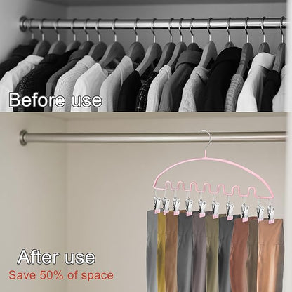 Legging Organizer for Closet,Metal Wave Design Pants Hanger with 10 Clips 7 Hooks, Closet Storage for Pants, Skirts, Hats (Pink, 2Pack)