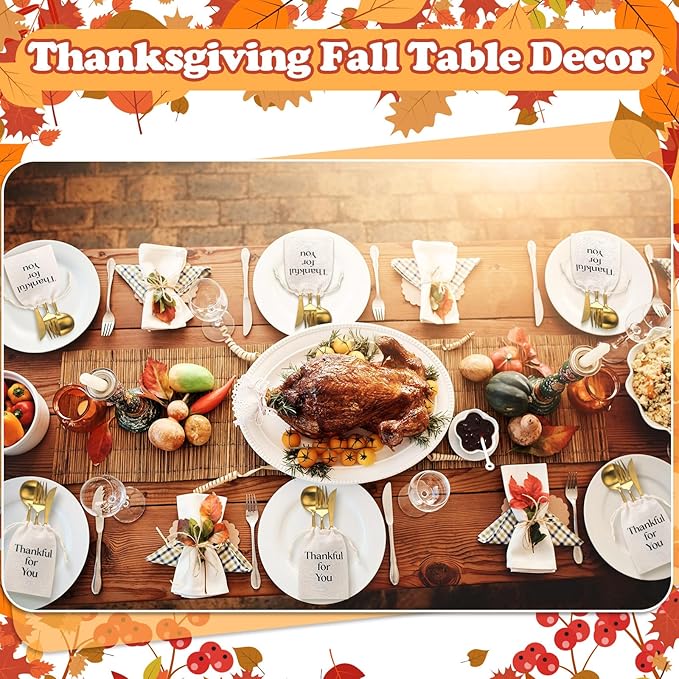 48 Pcs Thanksgiving Utensil Holders Rustic Farmhouse Canvas Linen Cutlery Bags 4 x 6 Inches Thankful for You Silverware Holders for Thanksgiving Autumn Fall Table Decor Party Favor