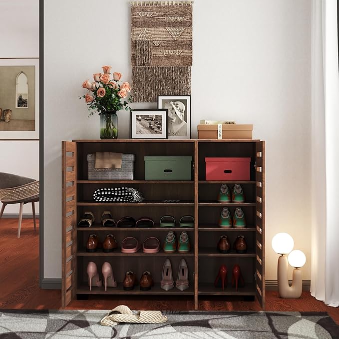 Shoe Cabinet, 5-Tier Shoe Storage Cabinet with Adjustable Shelves, Wooden Shoe Rack Organizer with Louvered Doors for Entryway, Hallway, Bedroom, Living Room