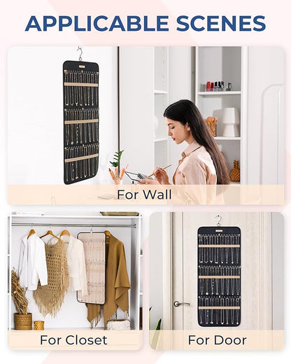 BAGSMART Hanging Necklaces Organizer Jewelry Holder Storage Roll with Hanger Metal Hooks Double-Sided Jewelry Organizer for Necklaces, Bracelets on Closet, Wall, Door, 1 piece, Large Black