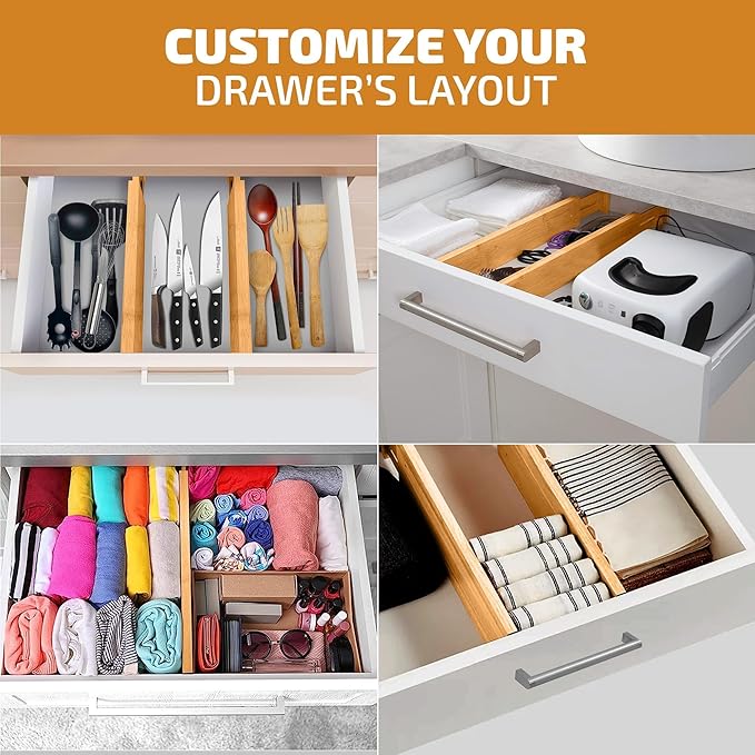 6-Pack Drawer Dividers - 2.6 Inches High, Adjustable 16 to 22 Inches Bamboo Drawer Organizer, Large Expandable Separator for Clothes, Dresser, Bedroom, Bathroom, Baby, Office, Kitchen Utensil Storage