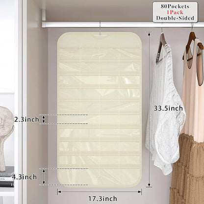 1 Pack Hanging Jewelry Organizer 80-Pocket Dual-sided Jewelry Storage for Earring Necklace Bracelet Ring Travel Holder, Beige