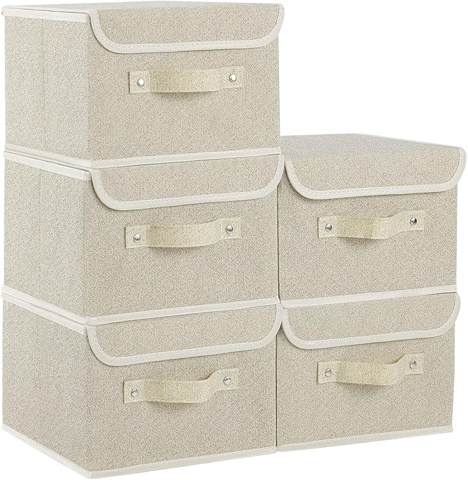 Fabric Storage Bins Cube Organizers with Flip-Top Lid and Handles,Storage Boxes for Organizing Home,Office,and Closet,Grey and Beige,5 Pack 10.2 X 7.9 X 6.7 in