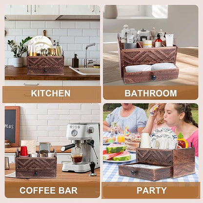 Paper Plate Dispenser with Drawer, country style Wood Kitchen Counter, Picnic, Party, Camping - Caddy Organizer for Cups, Spoons, Forks, Plates, office supplies, Napkins & Silverware
