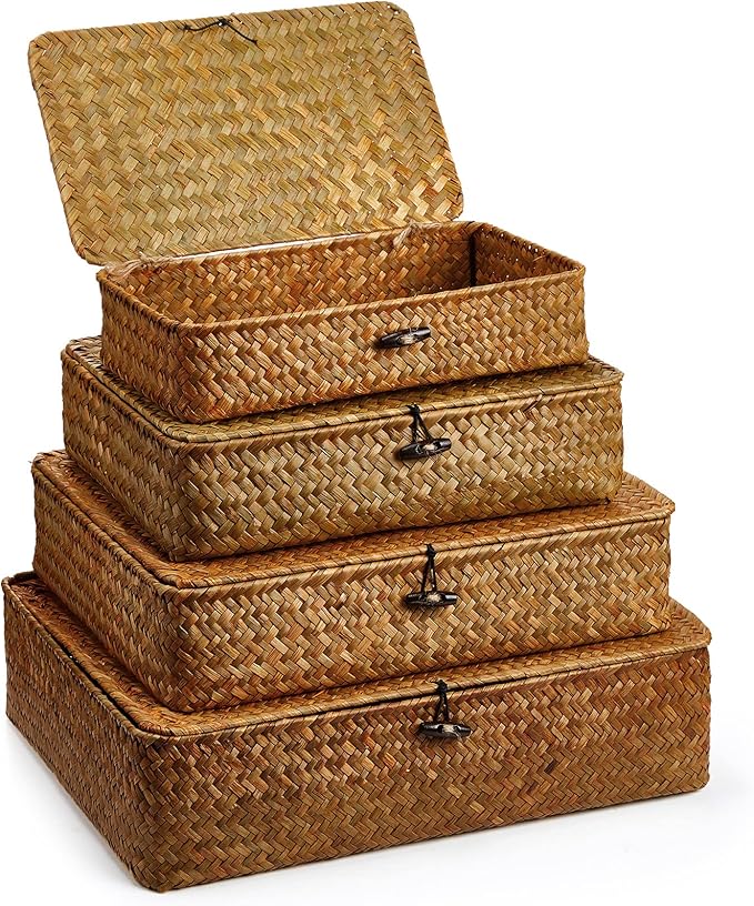 Didaey Set of 4 Seagrass Basket with Lid Wicker Storage Basket Decorative Storage Boxes with Lids Flat Storage Bins Woven Organizer Baskets for Shelf Closet Bedroom, 4 Sizes (Brown)