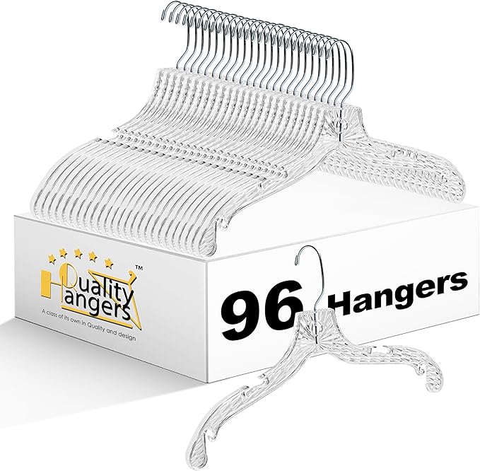 Quality Hangers 96 Pack Clear Plastic Hangers with Super Easy 360 Degree Swivel Hook – Shirt Hangers with Precision Notches for Secure Hanging – Slim Crystal Coat Hangers – 17 Inches (96, 17")