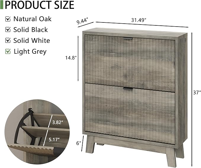 Xixini Shoe Cabinet with 2 Flip Drawers, 37" Tall Narrow Fluted Shoe Storage Organizer for Entryway, Hidden Slim Wooden Shoe Rack Cabinet for Front Door Entrance, Hallway, Living Room, Light Grey