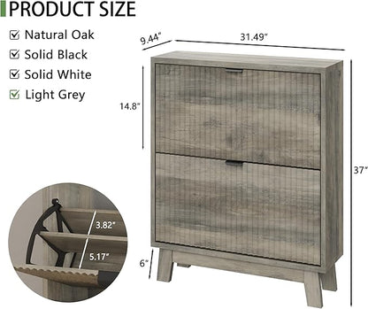 Xixini Shoe Cabinet with 2 Flip Drawers, 37" Tall Narrow Fluted Shoe Storage Organizer for Entryway, Hidden Slim Wooden Shoe Rack Cabinet for Front Door Entrance, Hallway, Living Room, Light Grey