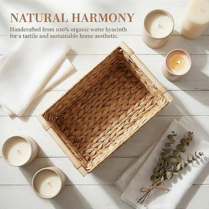 Natural Water Hyacinth Storage Baskets for Organizing Small Wicker Baskets With Handles, Woven rectangle Baskets for Storage Baskets for Shelves, Large Rectangular Towel Basket