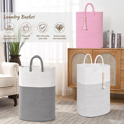 Woven Laundry Basket for Clothes, 80L Large Rectangle Laundry Hampers with Beads Tassel, Nursery Storage Basket for Toys, Tall Dirty Clothes Hamper for Bedroom Aesthetic, Laundry Room Organization