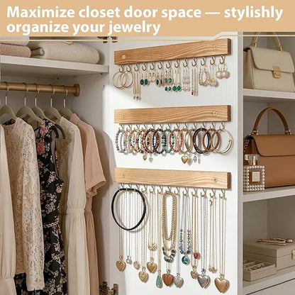 3 Pack Necklace Holder Wall Mounted Hanging Jewelry Organizer, Wooden Jewelry Hanger with 39 Hooks for Necklace Earring Bracelet & Accessories Display, Jewelry Storage Holder for Bedroom Closet Decor