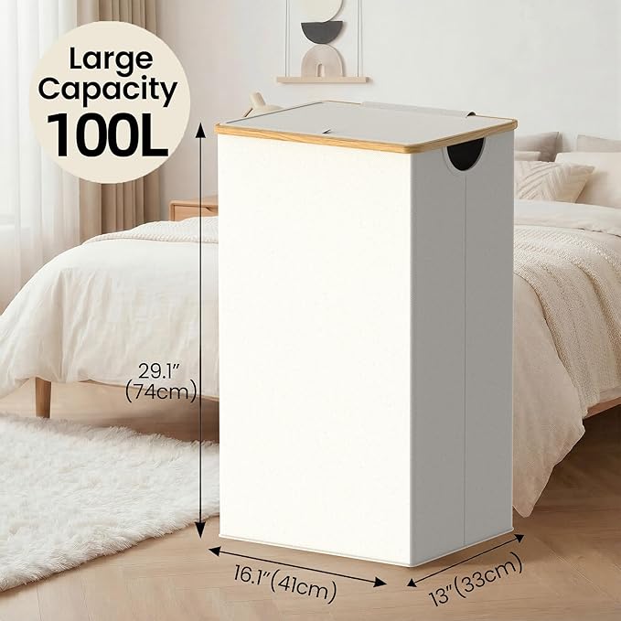 efluky Laundry Basket with Lid and Removable Bag, 100L Tall Laundry Hamper with Bamboo Handles, Aesthetic Dirty Clothes Bin for Laundry Room, Bathroom, Bedroom and Dorm, Beige