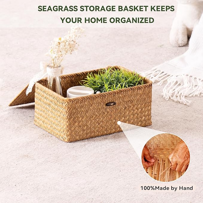 Nonam Storage Basket with Lid, Natural Seagrass Bin with Lid Set of 2, Shelf Baskets Multipurpose Container for Boho Decoration, Rectangular Household Storage Boxes for Home Organization-Natural