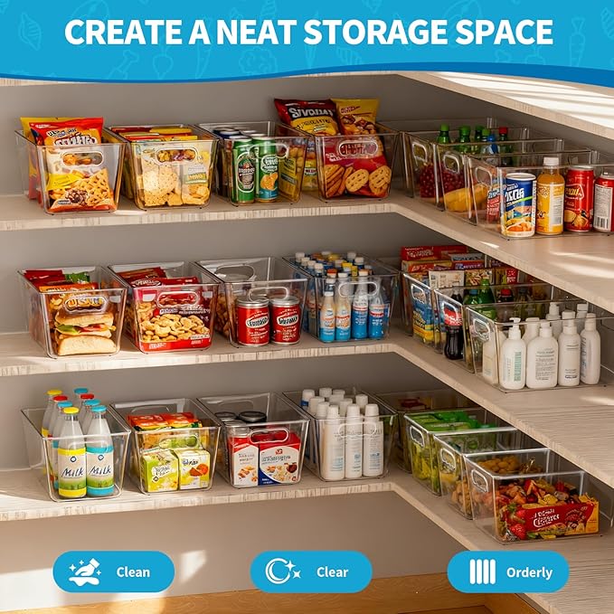 4 Pack Clear Stackable Storage Bins with Lids, Large Plastic Pantry Organizers and Storage Containers for Kitchen Cabinet, Fridge, Closet, Bathroom - BPA-Free Home Organization Must Haves