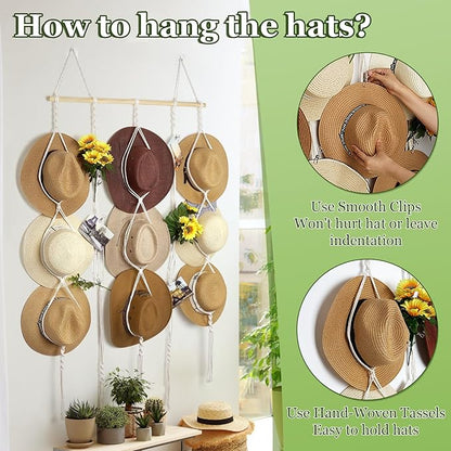Macrame Hat Rack for Wall 31x66 in Hat Organizer with 15 Clips Hanging Hat Hanger Holder for Women Wide Brimmed Hat Storage for Fedora Boho Decorative Display